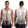 Men Sparkly Sequin Cowboy Vest Open Front Tassel Rivets Shiny Western Waistcoat for 70s Disco Club Parties