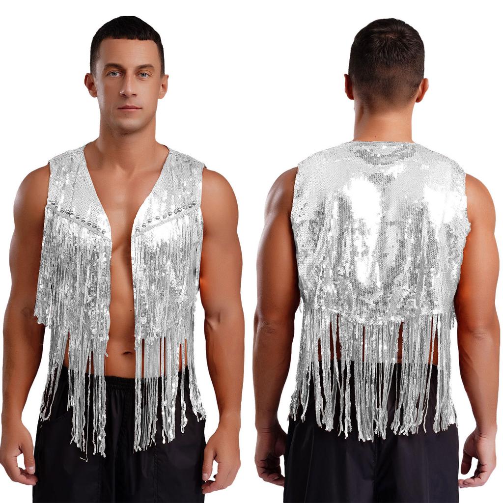 Men Sparkly Sequin Cowboy Vest Open Front Tassel Rivets Shiny Western Waistcoat for 70s Disco Club Parties