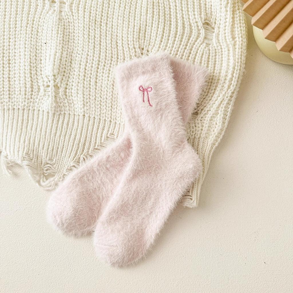 1 Pair Womens Bow Design Socks Coquette Fluffy Thick Thermal Socks for Winter Home Sleeping Soft Long Socks Cold Weather Cute