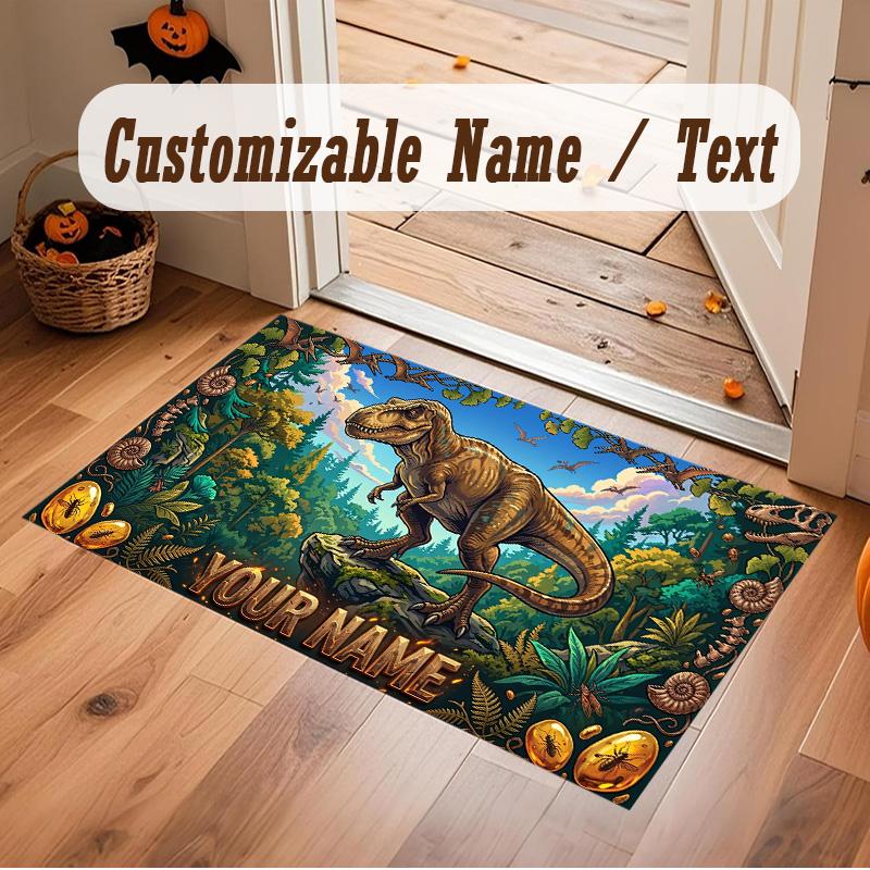 Dinosaur Theme Soft Crystal Velvet Rug Custom Name & Text Print Non Slip Floor Rug for Bedroom Living Room