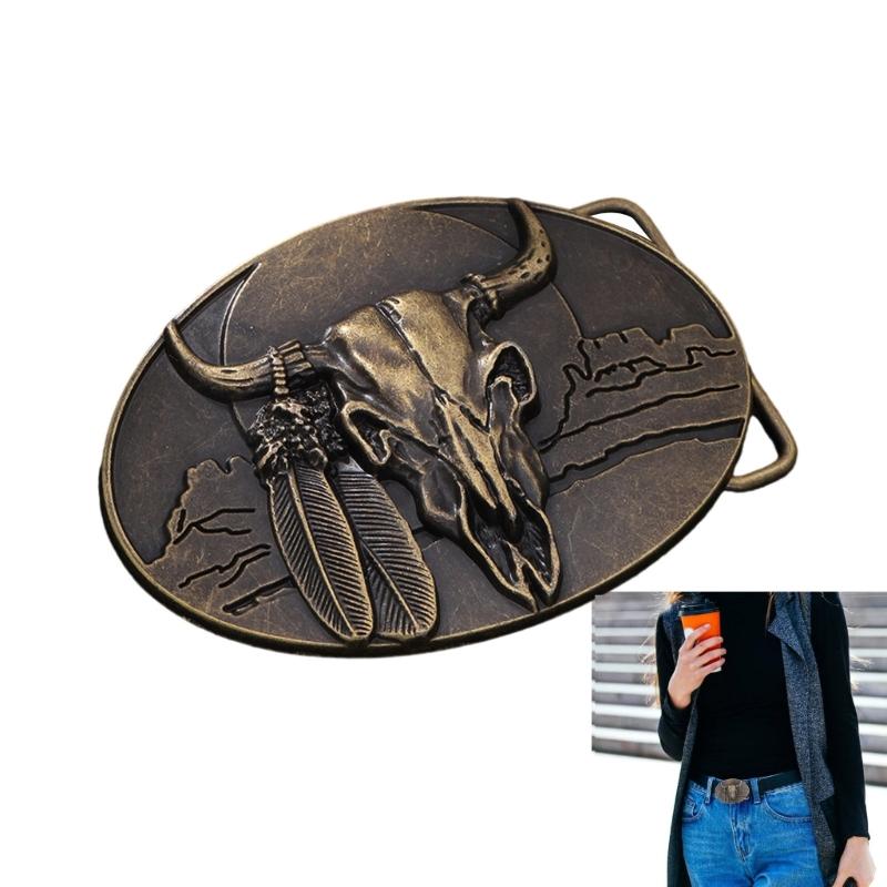 Vintage Engraved Cow Head Buckle for Jeans Pants Waistbelt Metal Clasp Buckle for Teens Boy Men Western Oval Belt Buckle
