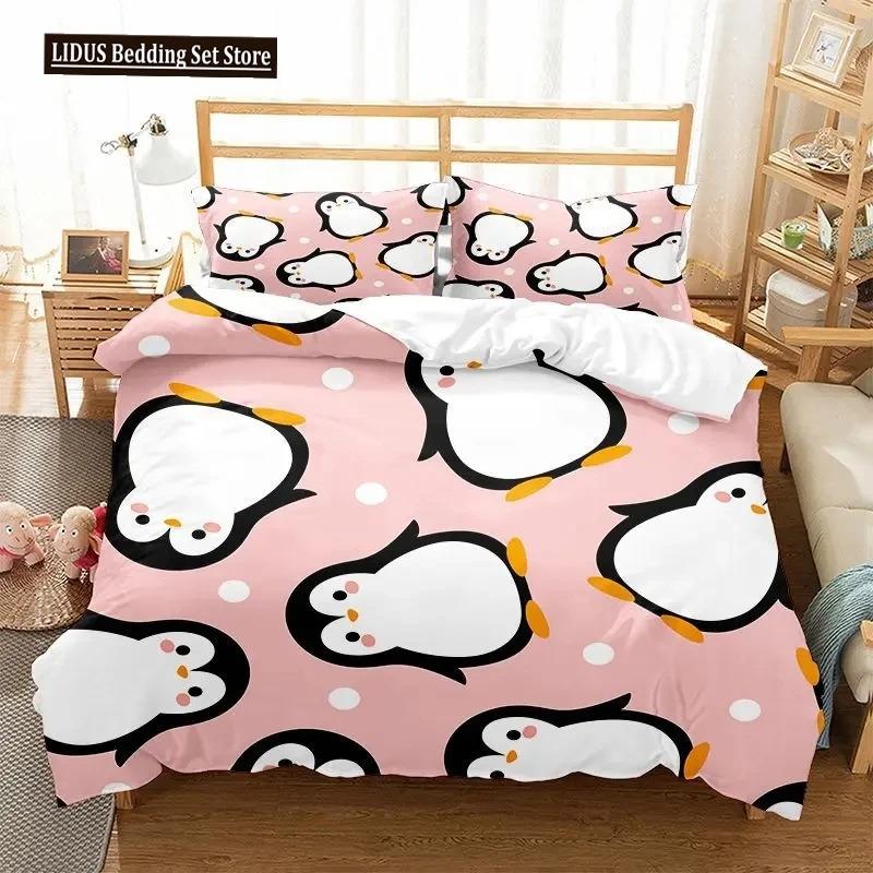 Cartoon Penguin Duvet Cover Set For Boys Girl Animated Antarctic Animal Polyester Quilt Cover White Black King Queen Size