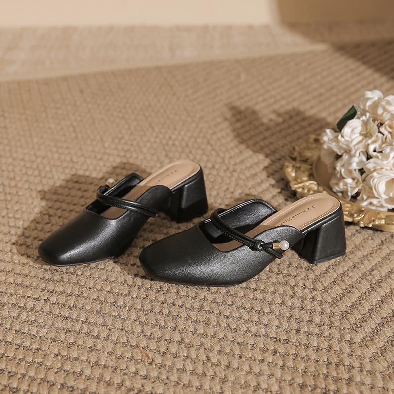 

Yuexinwang кожаные балетки для женской обуви Хуэйчжоу каблуки сумка голова мюли носить лето новые сандалии на толстом каблуке женщины 40 чёрный