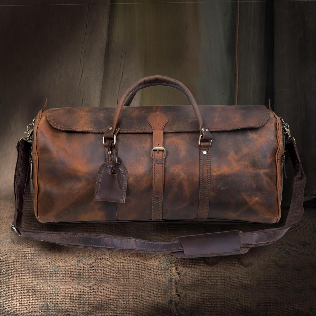 Handmade Full Grain Leather Duffel Bag: Vintage Travel Weekender