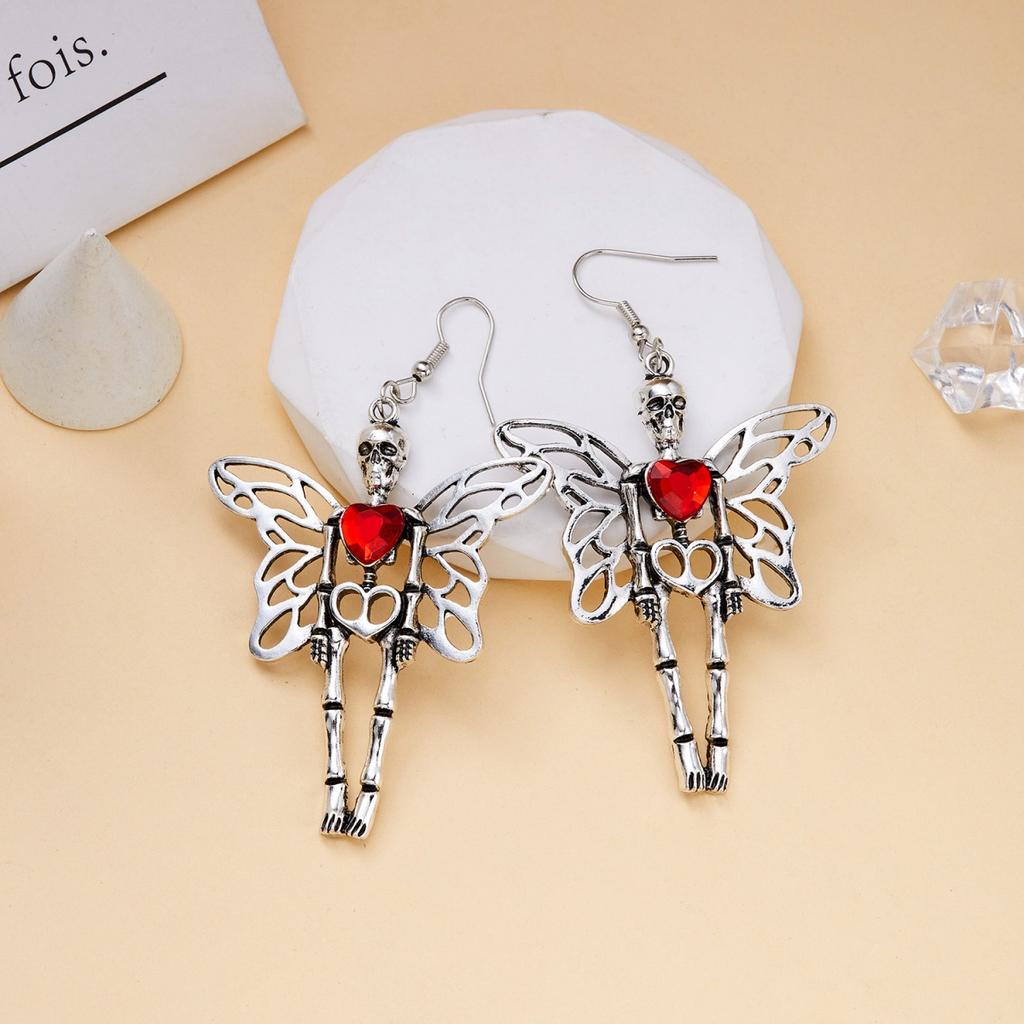 Halloween Red Heart Hollow Metal Butterfly Wing Skeleton Bone Drop Earrings Skull Dangle Earring For Women Men Gothic Jewelry