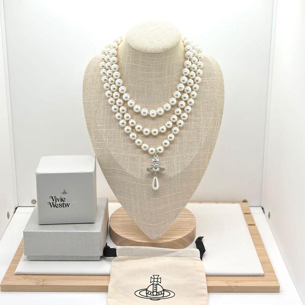 Vivienne High-End Three-Layer Pearl & Diamond Saturn Necklace for Women