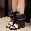 Niche Inner Height Increase One-word Open-toe Cool Boots Women's 2026 New Summer Design Pleated Piled Boots Roman Sandals