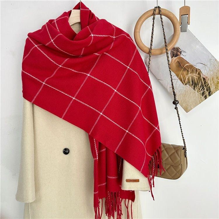 New Plaid Scarf for Women in Autumn and Winter Imitation Cashmere Korean Version Simple Versatile Warm Shawl Student Style Tassel Scarf