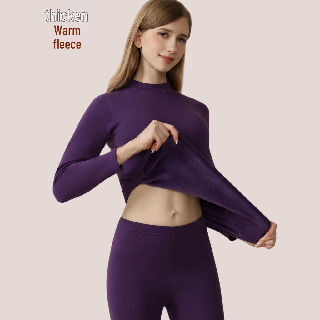 Men's and Women's Fleece-lined Crew Neck Warm Underwear Set: Heat-generating, Cold-proof, Pure Cotton for Autumn.
