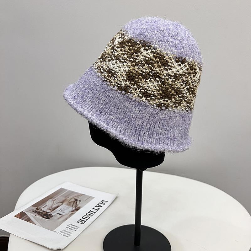 

Вязаная панама из мохеровой шерсти, женская простая шапка контрастного цвета на талии, модная, в стиле ретро, универсальная шляпа-рыбак M（56-58cm） фиолетовый