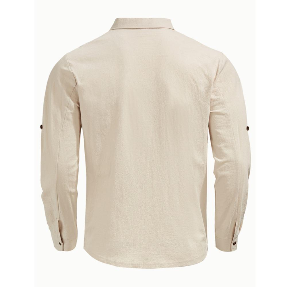 Soft and Comfortable Men's Collar Pocket Solid Color Button Up Cardigan Long Sleeved Linen Top Suitable for Daily Leisure