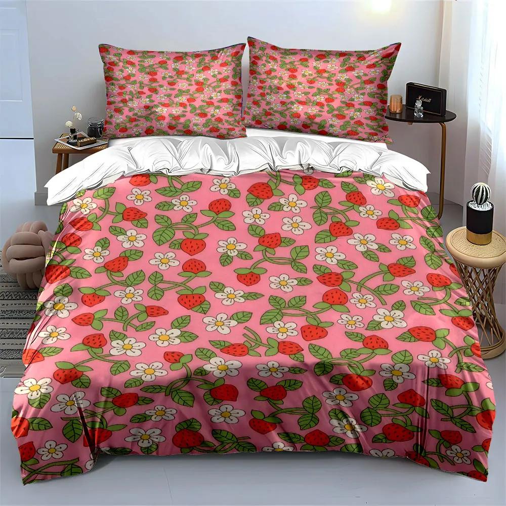 Strawberry Floral Decorative Set Soft Comfortable Duvet Cover Bedding Set Included 1*Duvet Cover & 2*Pillowcases gift