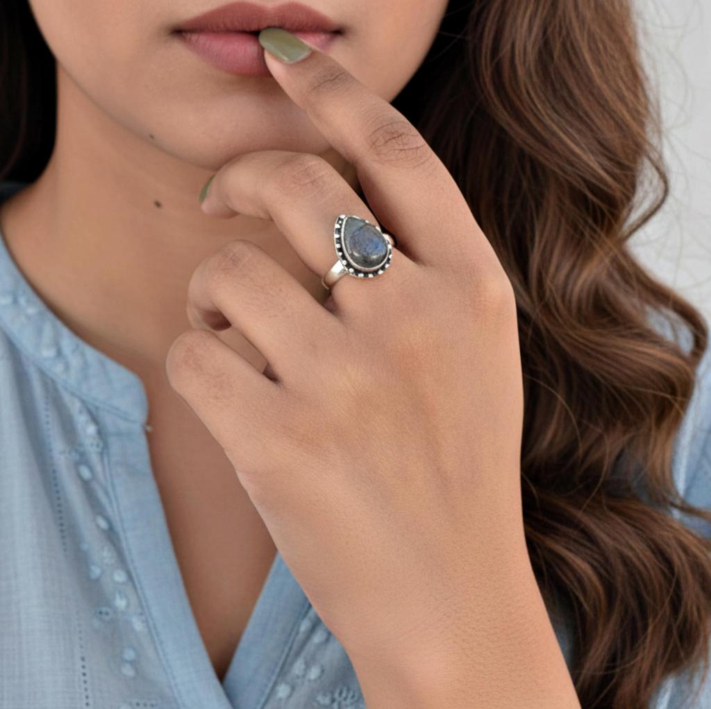 Birnenschliff Rutil 925 Sterling Silber Ring, Handgefertigter Tropfenförmiger Edelstein Statement Ring, Geschenk für Sie