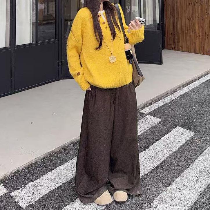 Autumn-Winter Loose Knit Pullover Sweater with Three Buttons - Korean Style Women's Top