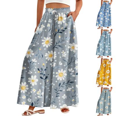 Palazzo-Hose für Damen, Boho-Stil, Blumenmuster, weites Bein, Sommer-/Strandhose, hohe Taille, fließende Hose mit Taschen