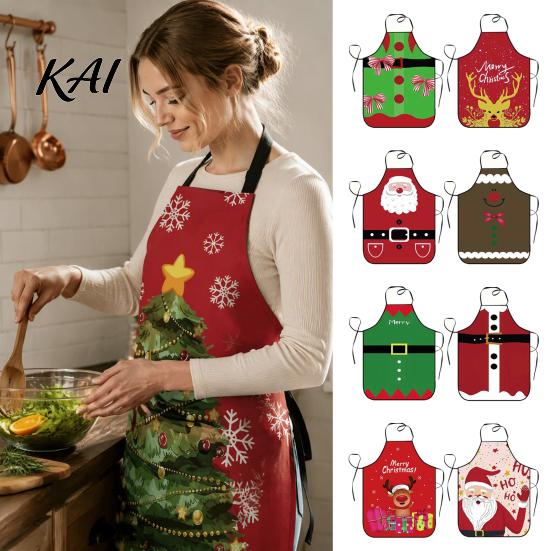 Holiday Housework Bib Christmas Apron with Santa Gingerbread Prints, Waterproof Oil Resistant Cooking Apron, Adjustable Tie for Kitchen Baking