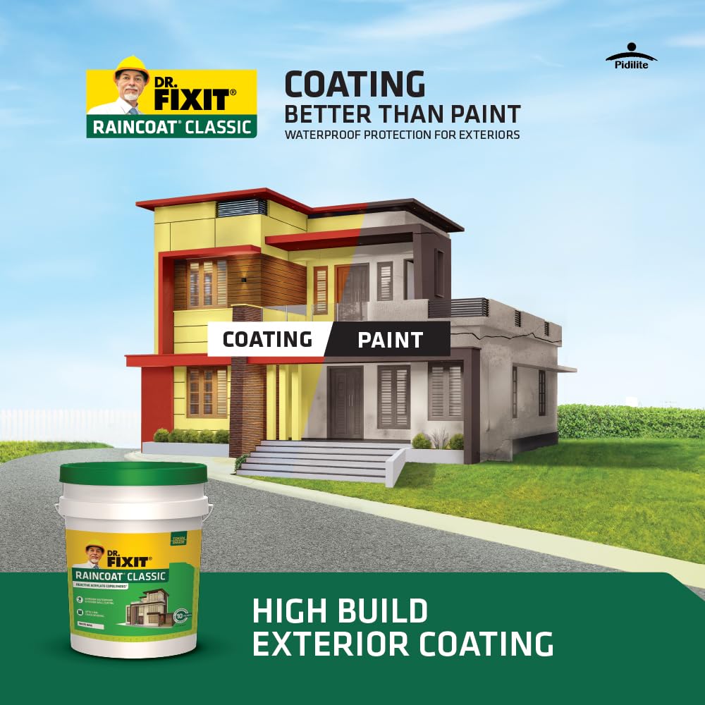 Dr. Fixit Raincoat Classic White Exterior Wall Waterproof Coating 1 Litre Elastomeric, 7 Years, No Dilution System