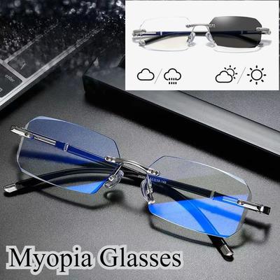 Myopia Glasses Frameless Hd Optional Photochromic Glasses Anti Blue Men'S Anti Fatigue Clear Glasses
