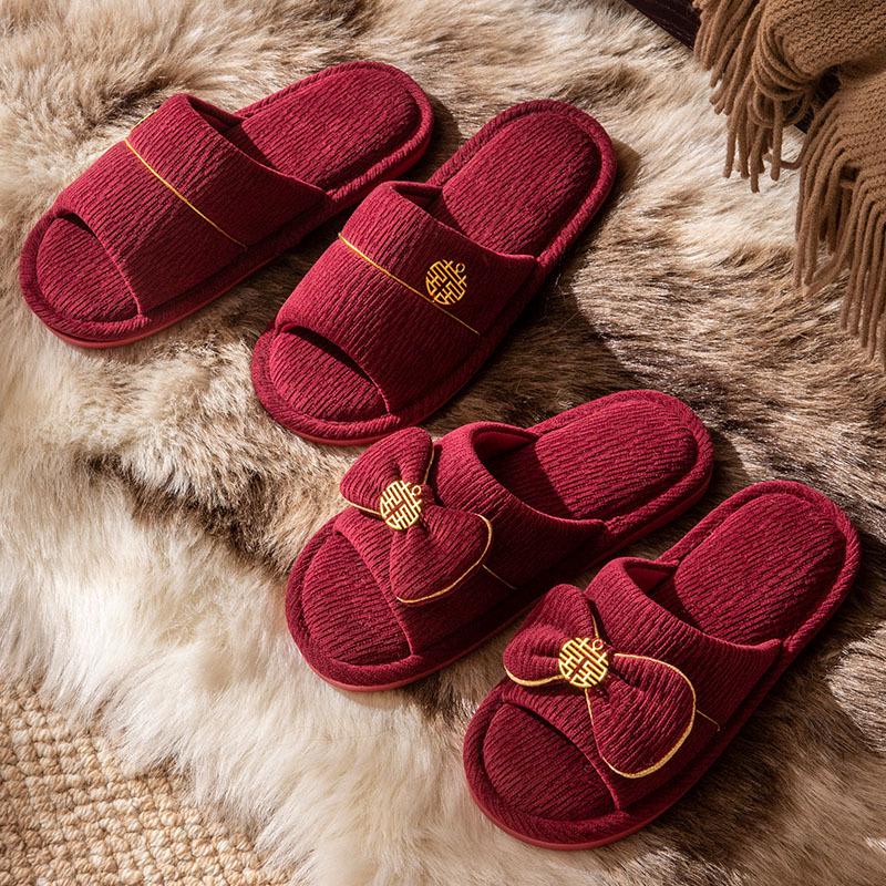 Auspicious Red Wedding Slippers: High-End Bride & Groom Dowry Pair, Four-Season Style