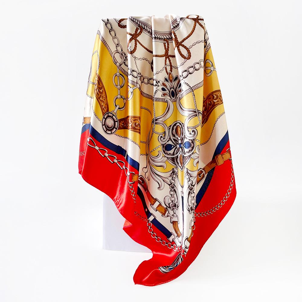 90cm Silk Scarf with Classic Chain Print - European & American Style Cross-border Satin Shawl for Women
