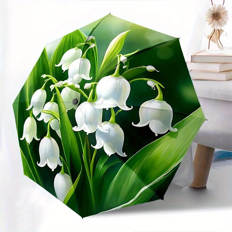 1pc Lily of the Valley Floral Umbrella - Automatic Open Compact Travel Umbrella with Elegant White Lily Flowers, Lightweight &