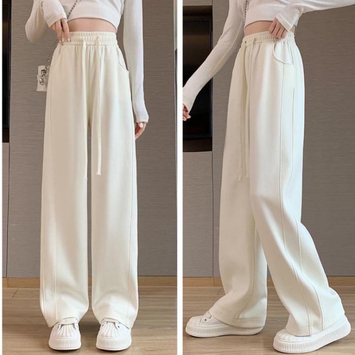 Women's High Waist Wide Leg Pants Loose Fit Straight Sweatpants Drawstring Solid Color Summer American Casual Banana Trousers