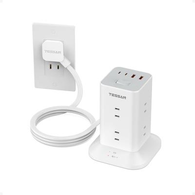 Tower-type Power Strip, 2m Extension Cord, Slim Plug, 8 AC Outlets, 4 USB Ports (Type-A/C), PD20W, TESSAN Table Tap, Multi-outlet, Surge Protection, M