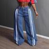 High-Waisted Wide Leg Jeans With Side Slit Striped Patchwork Streetwear Loose Fit Cropped Tapered Pant