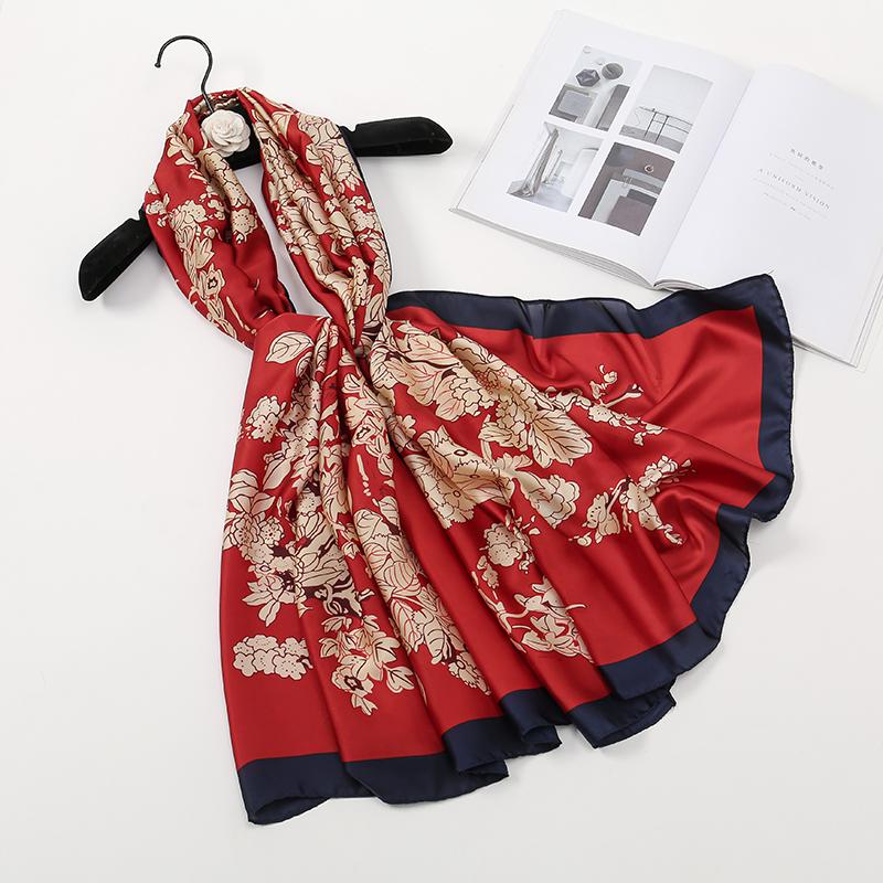 Floral Printed Imitation Silk Satin Scarf Elegent Sunscreen Shawl Beach Travel Head Wrap Women Outdoor Windproof Hijab180*90Cm