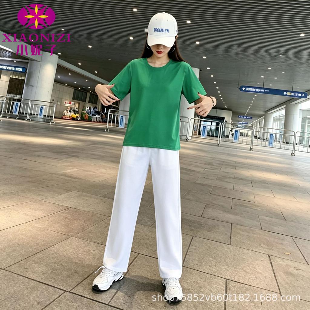 Summer clothing large size sportswear foreign style new women's pure cotton short-sleeved loose top thin straight pants two-piece set