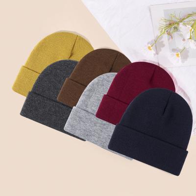 Yousheng Winter Unisex Knitted Hat Stretchy Folded Brim Thickened Solid Color Ear Protection Warm Daily Wear Cap Outdoor Skiing Skating Headwear