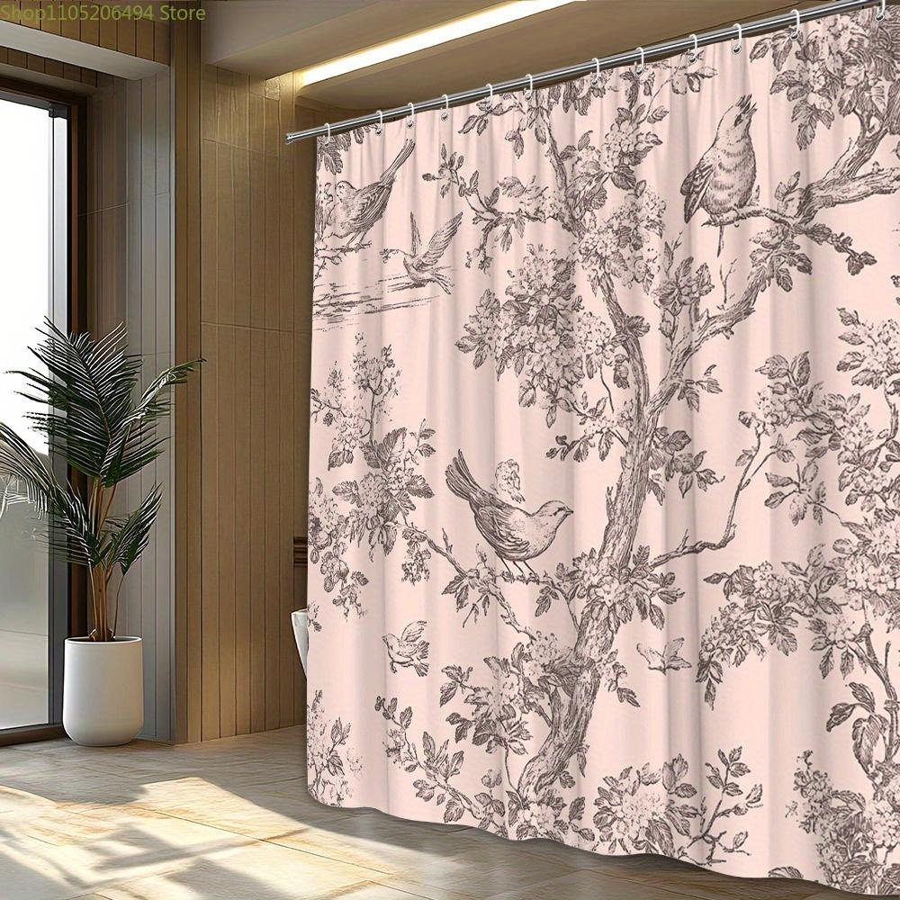 1ks Vintage botanická sprchová závěs s detailními černými kresbami stromů, květin a ptáků na větvích - měkké růžové pozadí