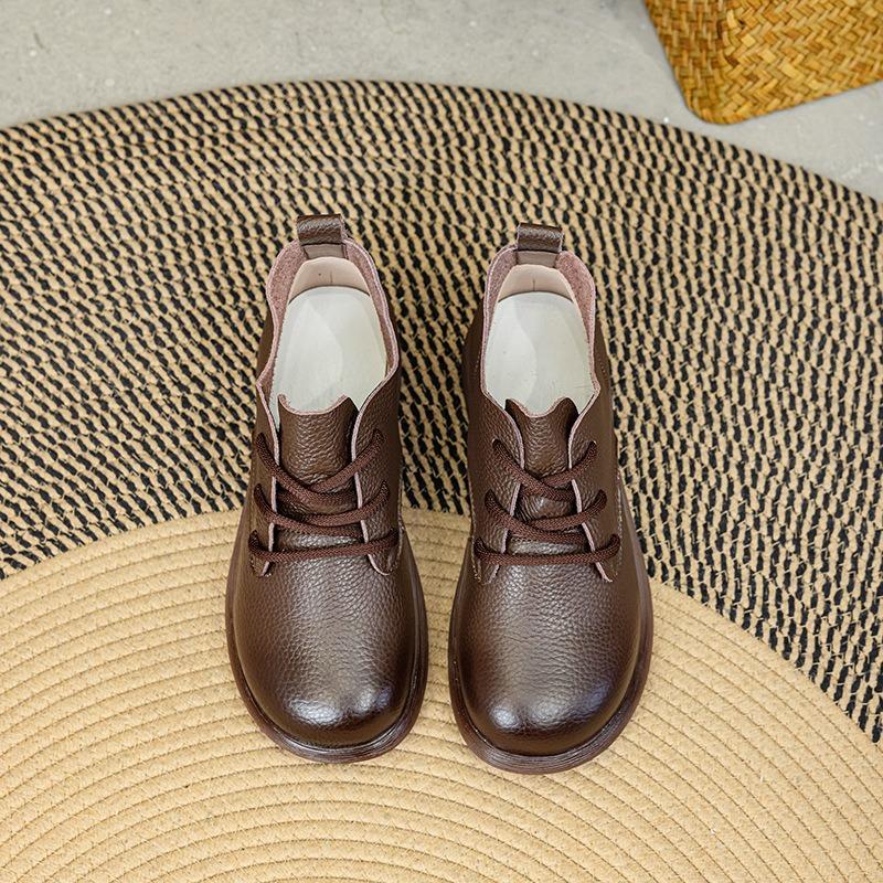 Real Cowhide Autumn and Winter New Flat-bottomed Short Boots Versatile Retro Boots Women's Soft Leather Mouth Casual Martin Boots Women