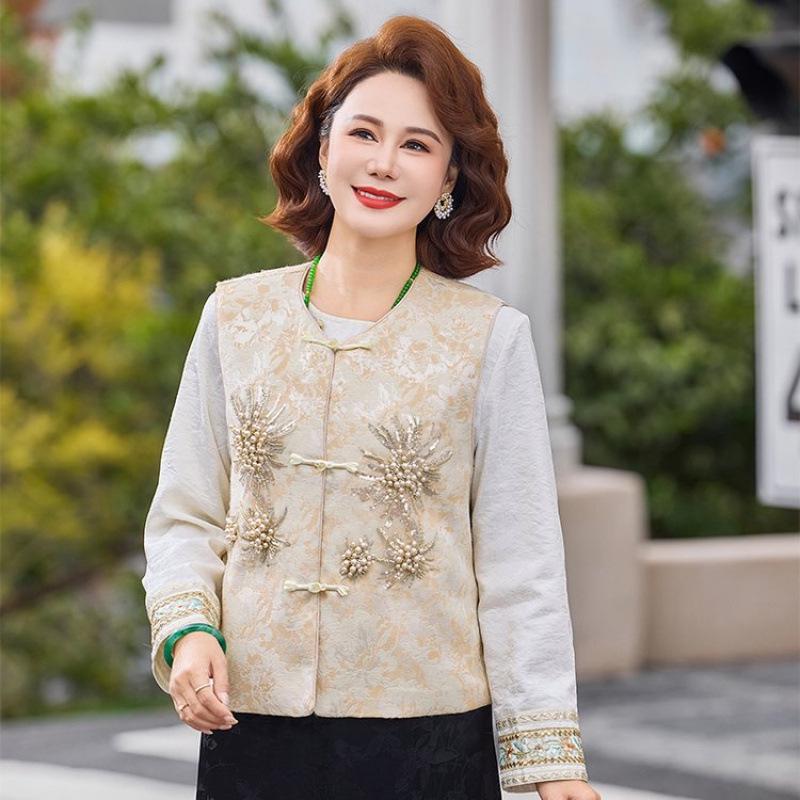 

Retro Chinese-Style Frog Button Vest: Spring/Autumn Round Neck Camisole for Middle-aged and Elderly Women XL абрикосовый