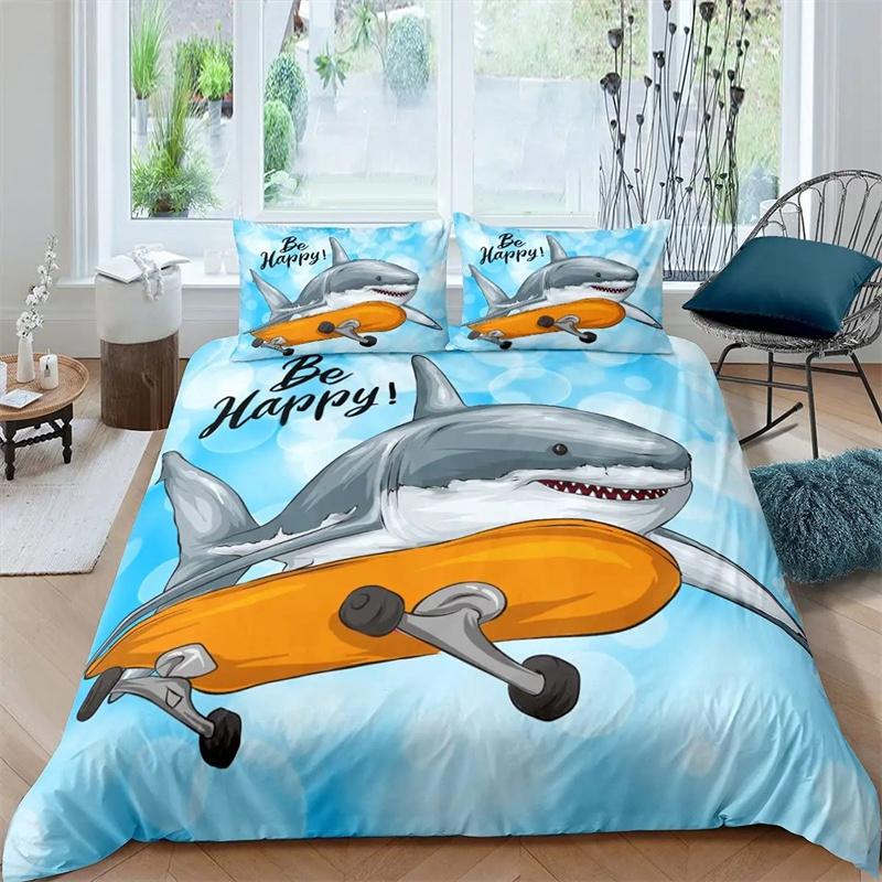 Blått och Vitt Tecknat Hajfiskmönster Barn Påslakan Pojkar Flickor Lyxig Rumsdekoration för Barn Tonåringar Gåva Queen Size