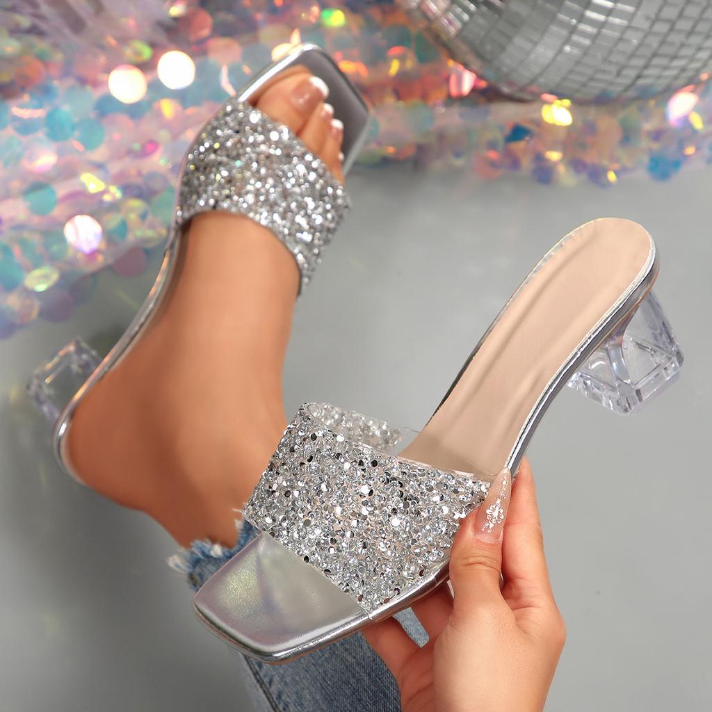 Fashion Women High Heels Sandals  2025 New Square Toe Transparent Heeled Sandals Woman Shiny Sequins Summer Fashion Glitter Shoes Women