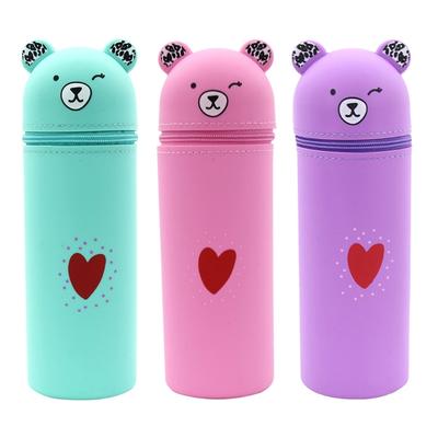 Cartoon Bear Pen Bag Large Compartment Zippered Silicone Pencil Case Standing Up Pen Holder Pencil Bag Gift for Student