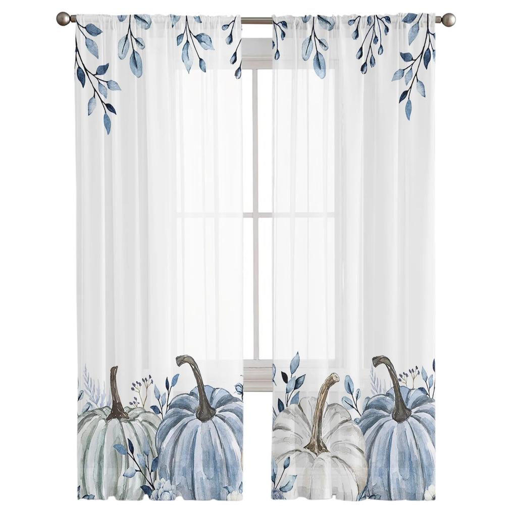 Thanksgiving Eucalyptus Blue Pumpkin Tulle Curtains For Living Room Sheer Curtain For Bedroom Window Blinds Voile Curtains