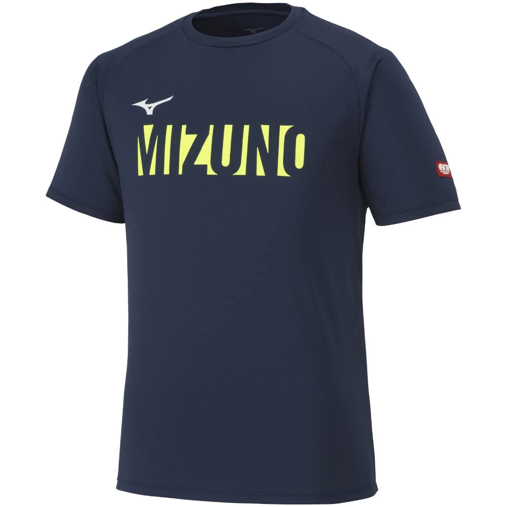 Mizuno Теннисная игровая футболка короткая размера L JTTA, рукав, U-образный вырез, унисекс, влагоотводящая, быстросохнущая, сертифицированная, 82JAA111, темно-синяя,