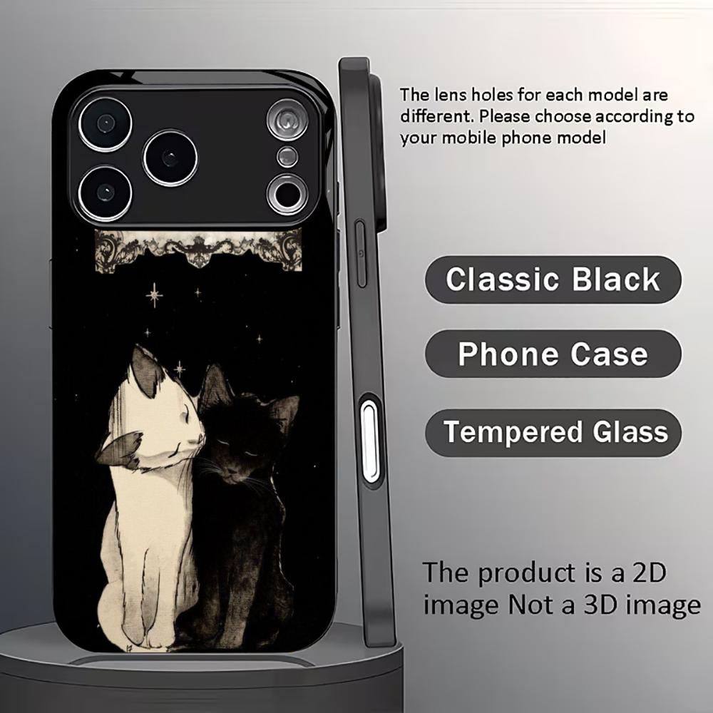 Minimalist Black & White Cat mobile phones Glass phone case for iphone 17 pro max cover for iPhone 17 16 15 14 13 12 pm Pro Plus