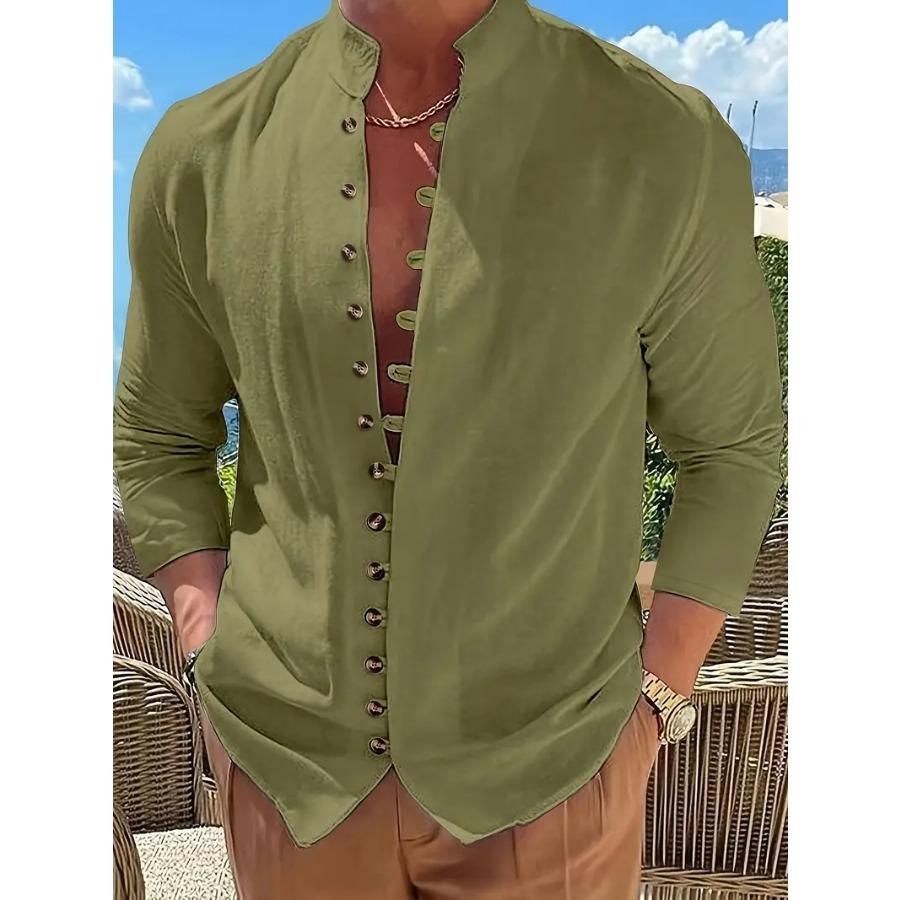 Retro Style Plus Size Solid Color Men's Cotton and Linen Long Sleeve Button Down Shirt with Stand Collar Spring Fall Outdoor
