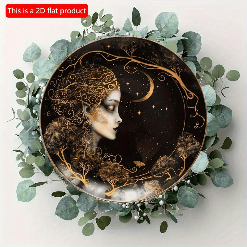 2d Flat 20*20cm, Round Wooden Wall Decorative, Moon Goddess Sign, Entrance Decor Gift, Moon Pendant Room Balcony Window, for Cafe, Club, Home, Room.