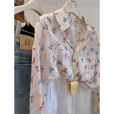 Women's Floral Print V-Neck Long Sleeve Loose Button Down Blouse