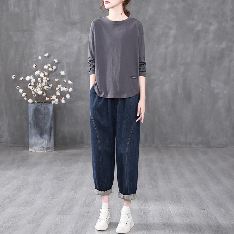 Spring Autumn New Solid Color Round Neck Long Sleeve Fashion T-Shirts Women High Street Casual Loose All-match Elegant Pullovers