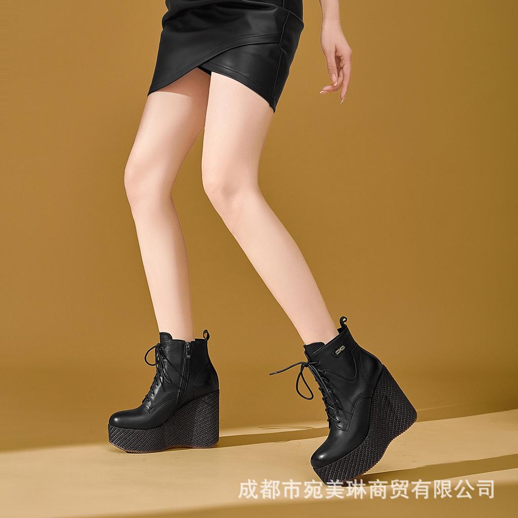 10Cm leather thick-soled wedge heel short boots women's head layer cowhide high heels autumn and winter new front lace-up heightening Martin boots