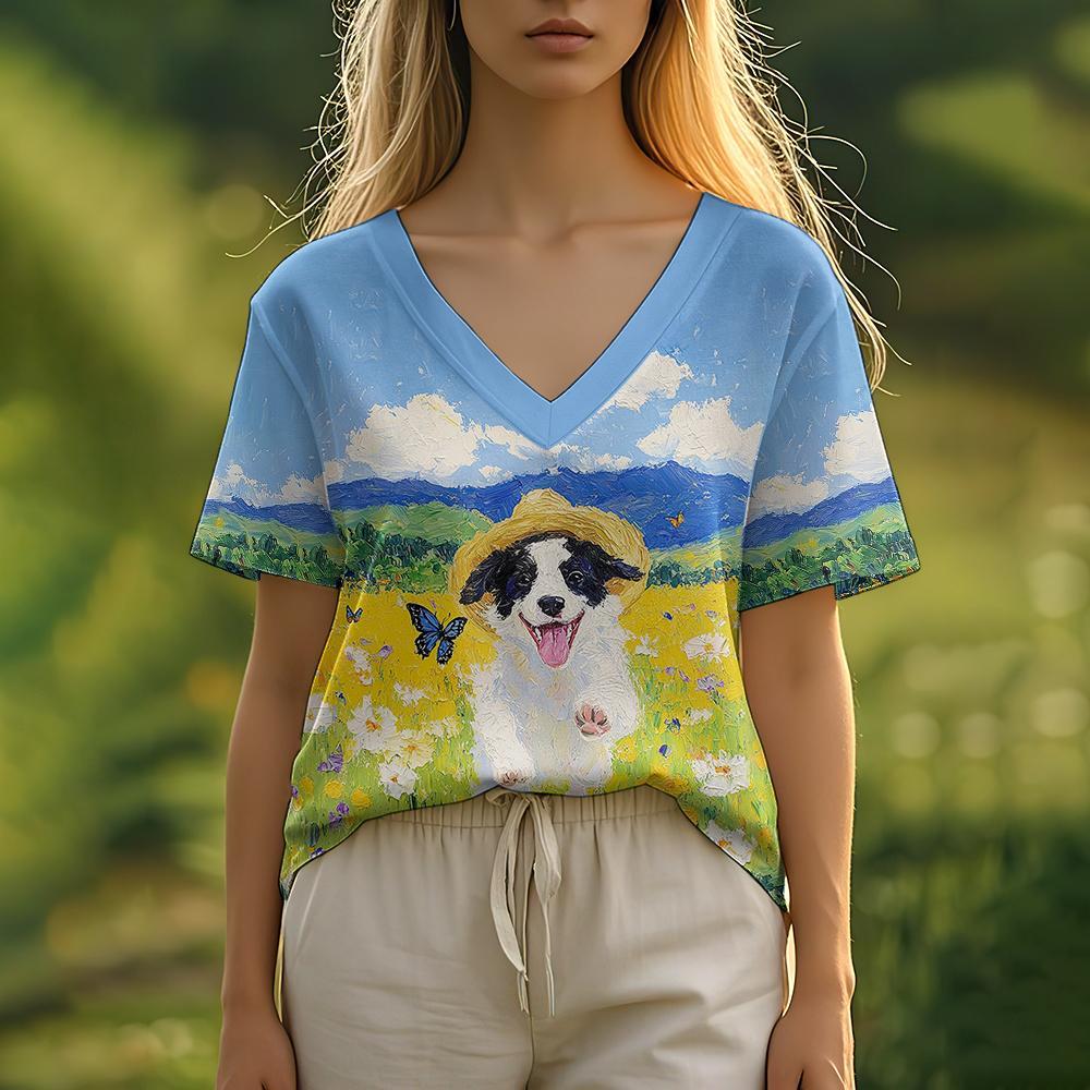Summer Women's T-Shirt Oil Painting Puppy Print Casual Short-Sleeved 3d T-Shirt Fashion Street Wear V-Neck Pullover Oversized Wo