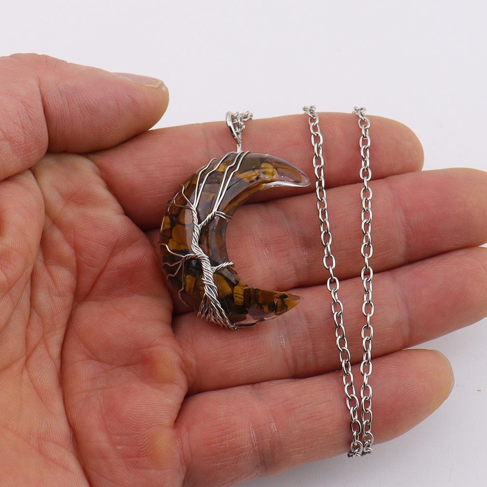 Chakela Natural Crystal Gravel Resin Winding Tree Of Life Moon Pendant Crescent Necklace N755