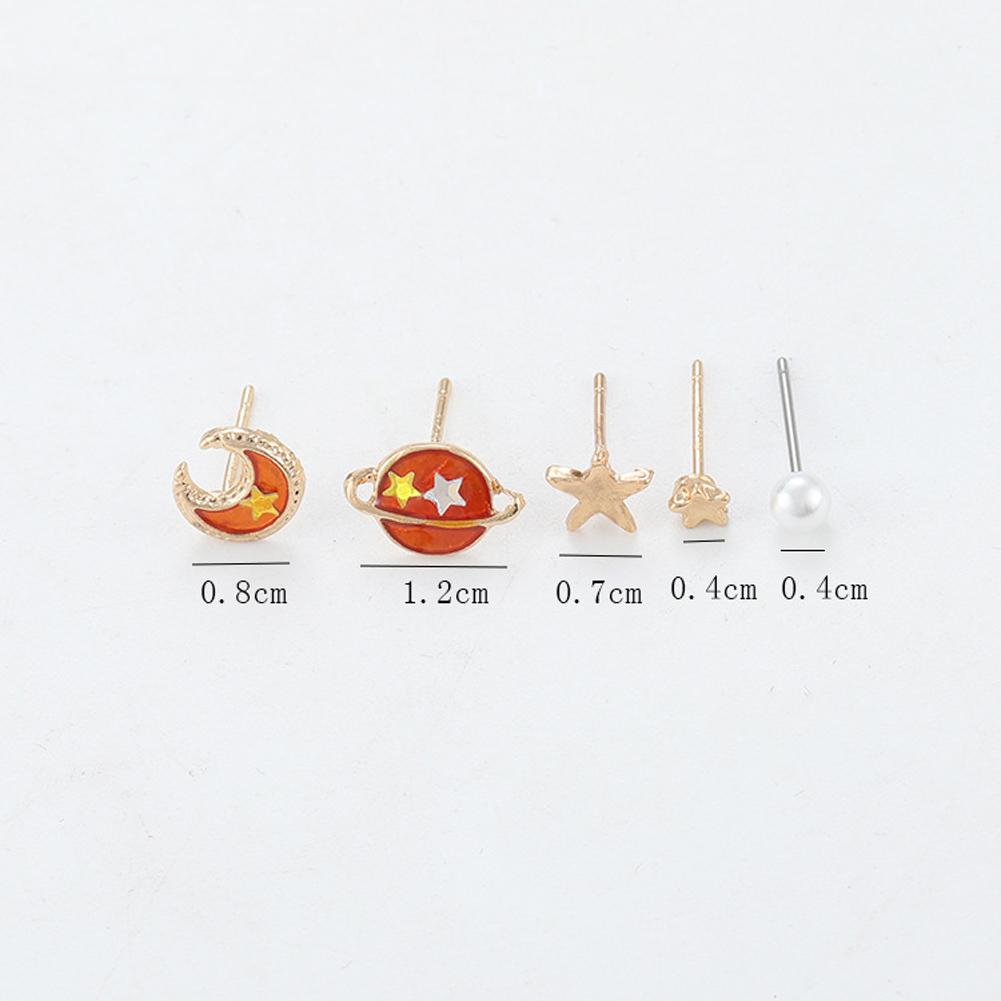 5 Piece Set Fashionable Simple Planet Moon Star Pearl Asymmetric Ear Studs