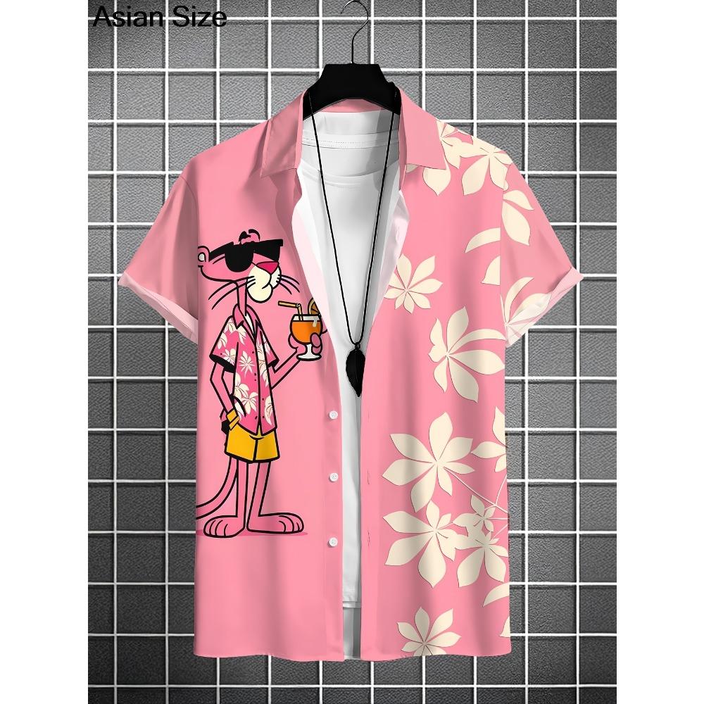 Cartoon Leopard Grafik Herren Kurzarm Hemd mit Kragen Oberteile Unisex Rosa Knopfleiste Hawaiian Hemden Sommer Täglich Damen Blusen