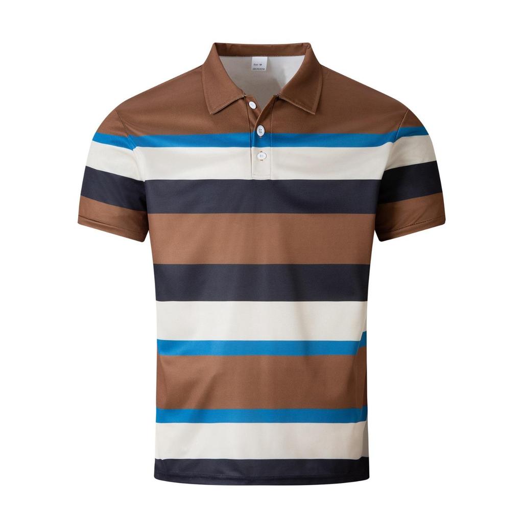 Fashion Men's Casual Polo Shirt V-neck Button Down Business Striped Versatile T-shirt Tops